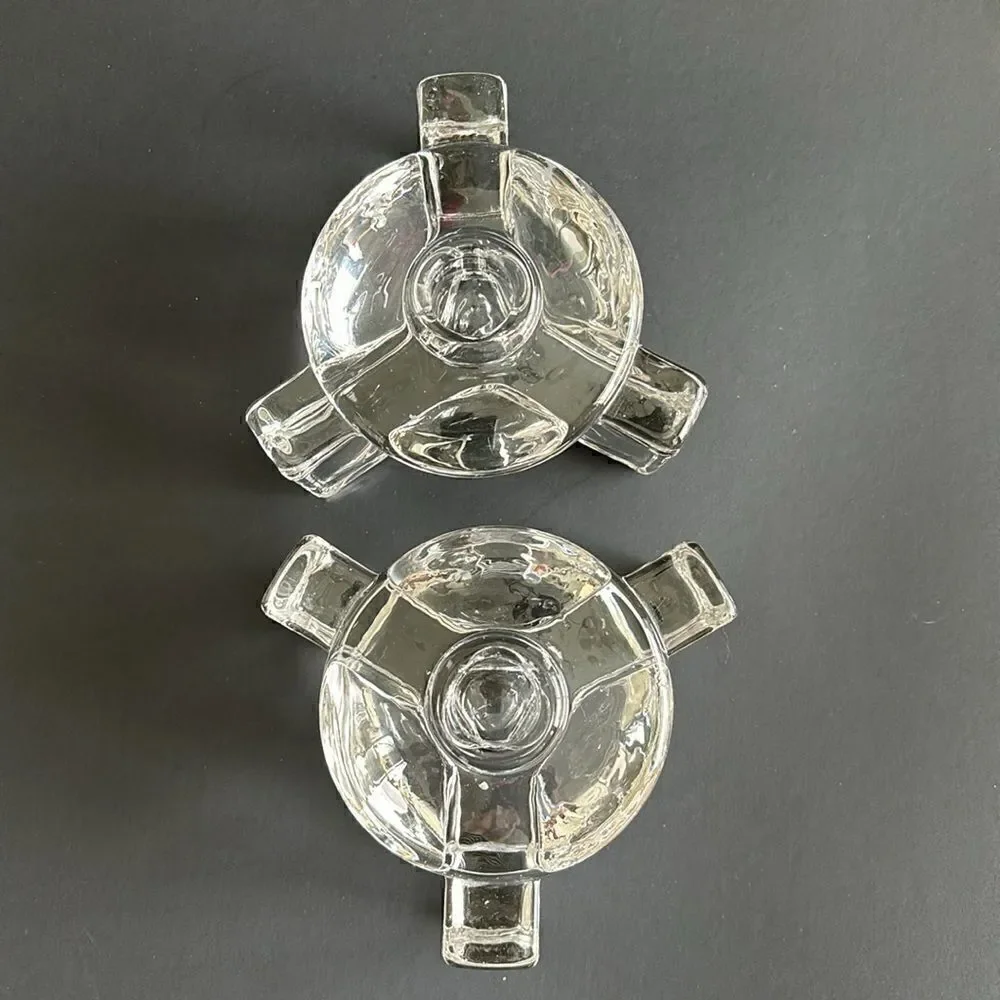Vintage Heavy Clear Glass 3 Footed Round Candle Holders Set of 2 Art Deco Style